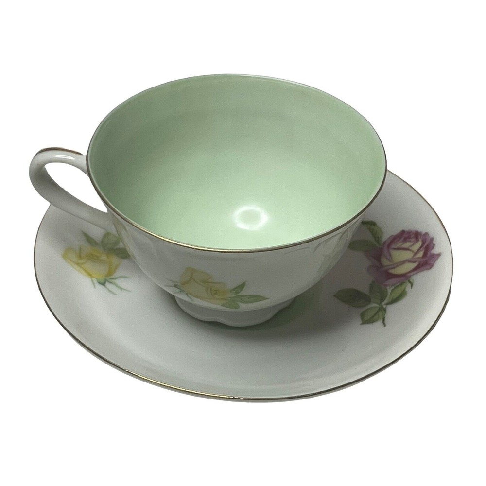 Lefton China Footed Tea Cups Saucer #2755 Gold Gilt 1950's Roses Mint Green